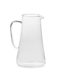 Empty glass jug for milk and drinks on a white background, isolated.