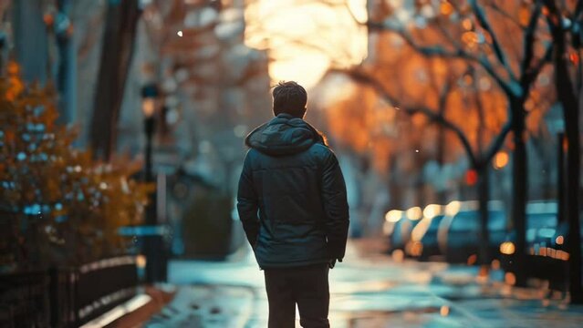 Young man in a winter jacket walks through the city at sunset.