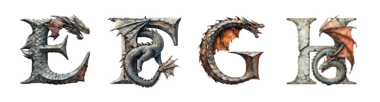Letters E, F, G, H in dragon style. Unusual fantasy font on the transparent background.