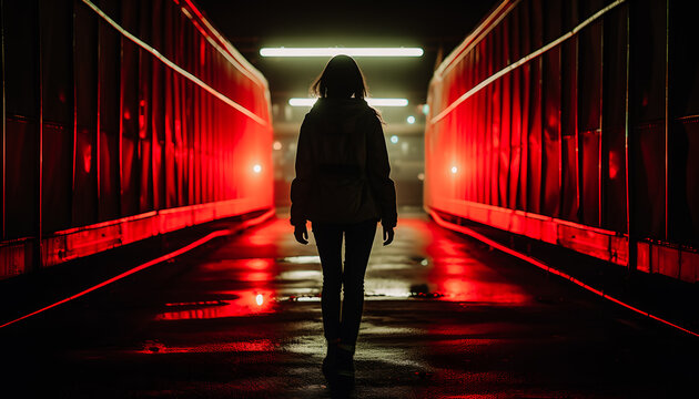 Femme seule marchant dans un long couloir lumineux