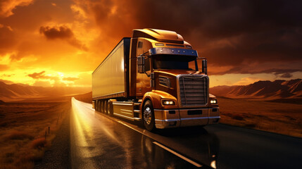 Truck on the asphalt road in rural landscape, sunset with dark clouds. Transport concept. Generative AI