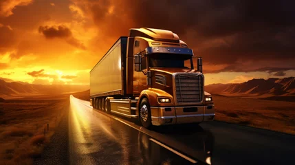 Rolgordijnen Truck on the asphalt road in rural landscape, sunset with dark clouds. Transport concept. Generative AI © AngrySun