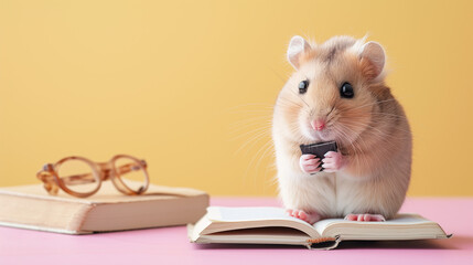 Hamster Sitting on Top of Book Next to Glasses