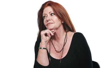 Face, thinking and problem solving with mature woman isolated on transparent background for decision. Future, planning and question with confused employee on PNG for company choice or option