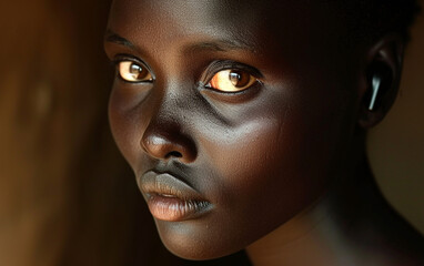 This close-up photograph captures the face of a multiracial child, highlighting their distinct yellow eyes.