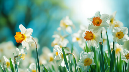 Fototapeta premium Close-up of yellow daffodil flowers blooming in spring. Bokeh sunny background. Spring landscape concept. Generative AI