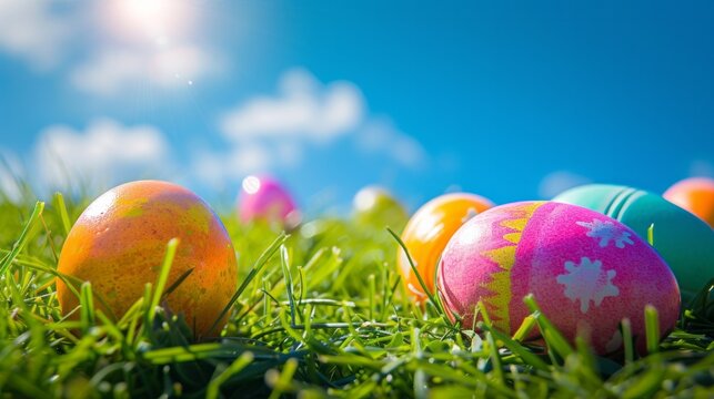colorful easter egg closeup on green grass on a bright sunny day, concept of celebrating easter and searching for easter eggs with copyspace
