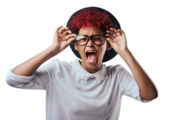 Shout, screaming and portrait of woman with shock on isolated, png and transparent background. Attractive, emoji reaction and face of person excited for good news, winning and discount announcement
