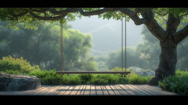 3d render of old wooden terrace with wicker swing hanging from tree with blurry nature background.