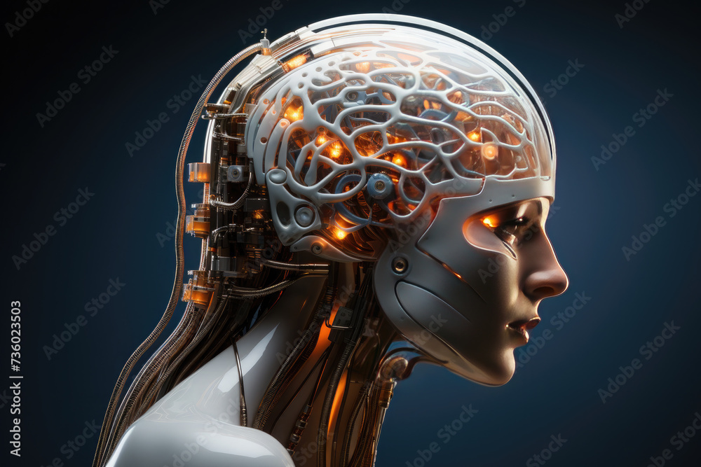 Poster view of female humanoid robot with wires inside of head.portrait of a female android robot.artificia