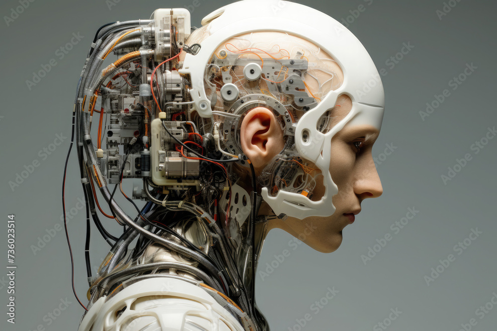 Poster view of female humanoid robot with wires inside of head.portrait of a female android robot.artificia