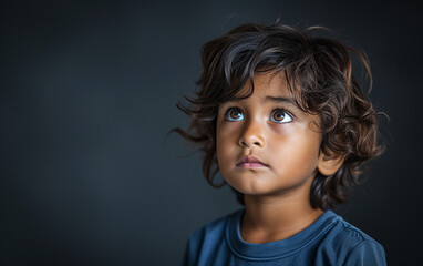 A portrait of a multiracial young boy with curly hair and striking blue eyes.