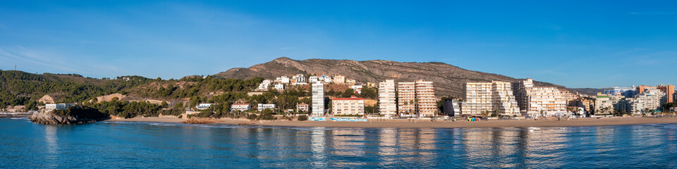 Serene Mediterranean Reflection Bliss: Coastal Panorama of Playa de la Concha in Orpesa, Oropesa...