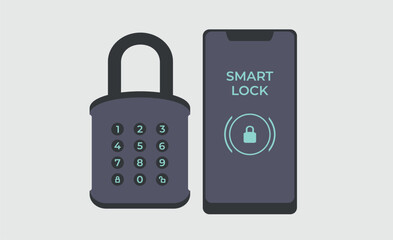 Smart door lock used phone app. Smart padlock. Lock locked and unlocked using a phone app. Close and open padlock vector illustration. Locked and unlocked lock on background. Vector flat illustration
