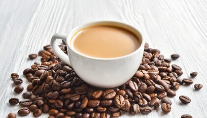 coffee milk and coffee beans on white background