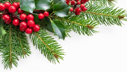 Fototapeta na wymiar green christmas pine twigs and red berries of winterberry holly in a corner arrangements isolated on white or transparent background
