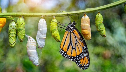 amazing moment monarch butterfly pupae and cocoons are suspended concept transformation of butterfly