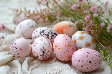Naklejka na ściany i meble Easter eggs painted in different patterns on a bright background for Easter celebration