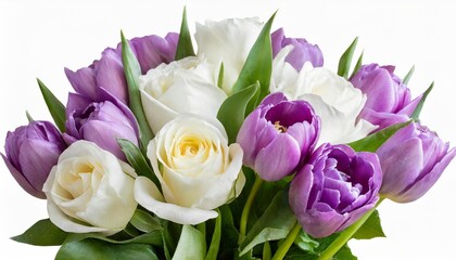 bouquet of lilac white roses and purple tulip isolated on a transparent background png file floral arrangement can be used for invitations greeting wedding card