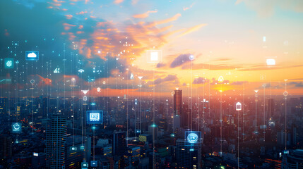 Fototapeta premium Digital Transformation of a Cityscape at Sunset with Glowing Data Icons and Technological Abstraction