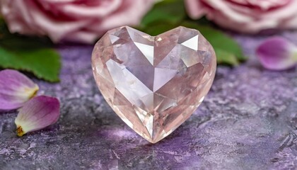 a beautiful heart shaped rose quartz crystal lies on a lilac background rose quartz is a stone for success in love for women