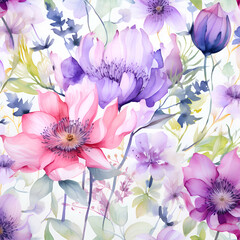 Seamless summer pattern with watercolor flowers. Handmade.