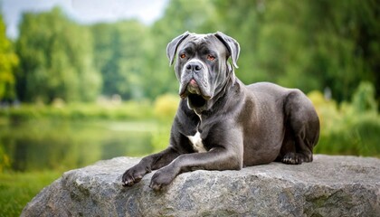 purebred italian cane corso blue color majestically rests on a grey stone in the park on a summer...