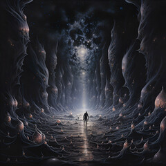 Fantasy illustration of a man standing in the middle of a wormhole