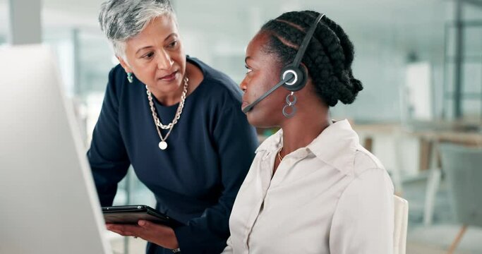 Manager, training and woman in call center office learning with advice in technical support on computer and tablet. Coaching, employees and feedback from mentor on crm tech project collaboration