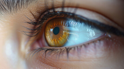 Close-up of a woman's eye with long eyelashes. Brown eyes and makeup area. Template for the beauty industry.