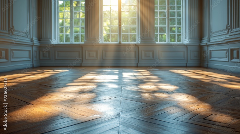 Poster This view looks at a white empty room with a dark laminate wood floor in a classic style. A blank space architecture is created with the light of the sun.