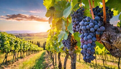 ripe grapes in vineyard at sunset tuscany italy - obrazy, fototapety, plakaty