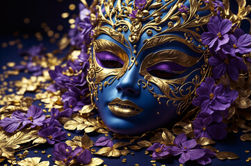 Mardi Gras carnival mask and beads on purple background. Costume party flyer for carnivals. Holidays mardi gras masquarade. venetian mask fan golden, purple