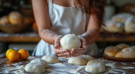 A woman is holding a ball of masa dough in her hands, preparing to use it in a delicious calabaza...
