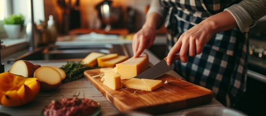 Naklejka na ściany i meble Person delicately slicing a block of cheese on a wooden cutting board at a kitchen table