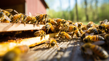 Honey bees on yellow wooden beehive