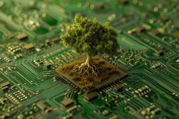 Miniature tree growing on computer mother board. Green technology, green IT and IT ethics concept.