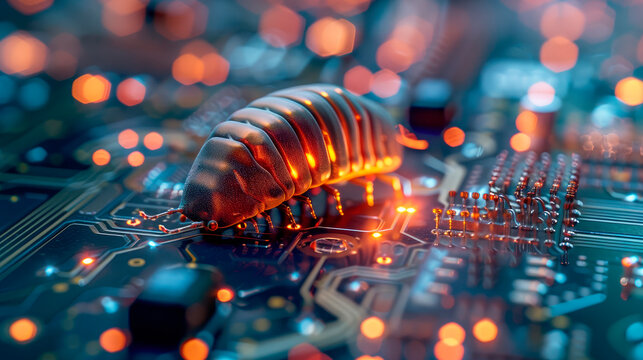 Close up of a worm crawling on a computer electronic circuit board.