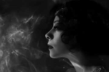 The woman in the shadows among the smoke concept of loneliness