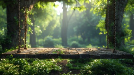 In this 3D render, an old wooden terrace hangs from a tree with a wicker swing swinging back and forth.