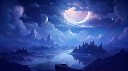 Horizontal fantasy background with cloudy night sky
