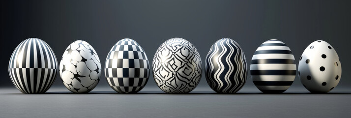 Black and white monochrome Easter banner with row of eggs painted in geometric patterns.