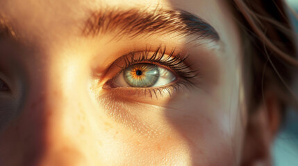 Eyes of a young woman in sunlight. Close-up image of a beautiful female eye with a green iris. Open eye, macro photography.