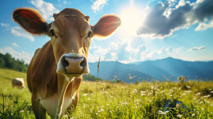 A well-groomed cow on green meadow on a sunny day. Organic dairy products concept. Agricultural landscape. Generative AI - obrazy, fototapety, plakaty