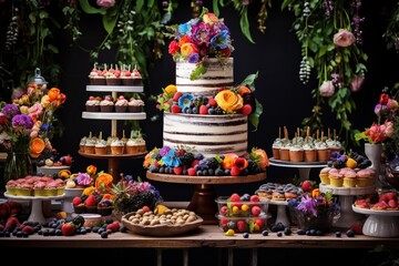 Fototapeta premium A birthday celebration party dessert display, showcasing a grand and festive cake