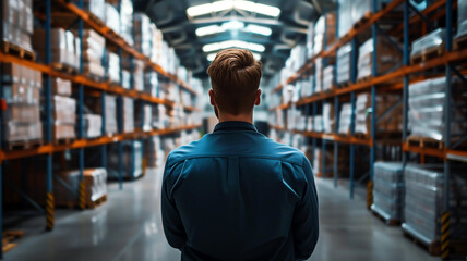 Man facing warehouse aisles, representing logistics, management, organization, inventory and business. - obrazy, fototapety, plakaty