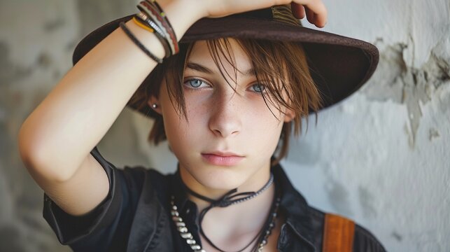 A modern teenage boy wearing a stylish fedora hat, a statement necklace, and a leather bracelet