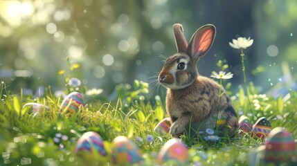 Festive Easter Bunny Amid Easter Meadow with Eggs and Room for Writing