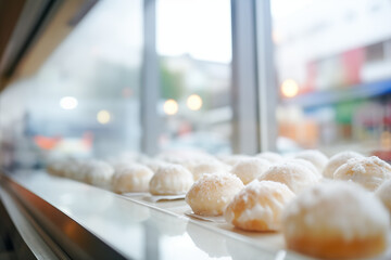 Photo from a bakery: rolls lying on a table in front of a window, blending the warmth of freshly baked goods with the urban backdrop, perfect for bakery advertisements, food blogs