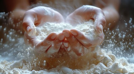 A person is holding a mound of flour in their hands, while nearby a plant is being watered. The scene could be captured beautifully through macro photography